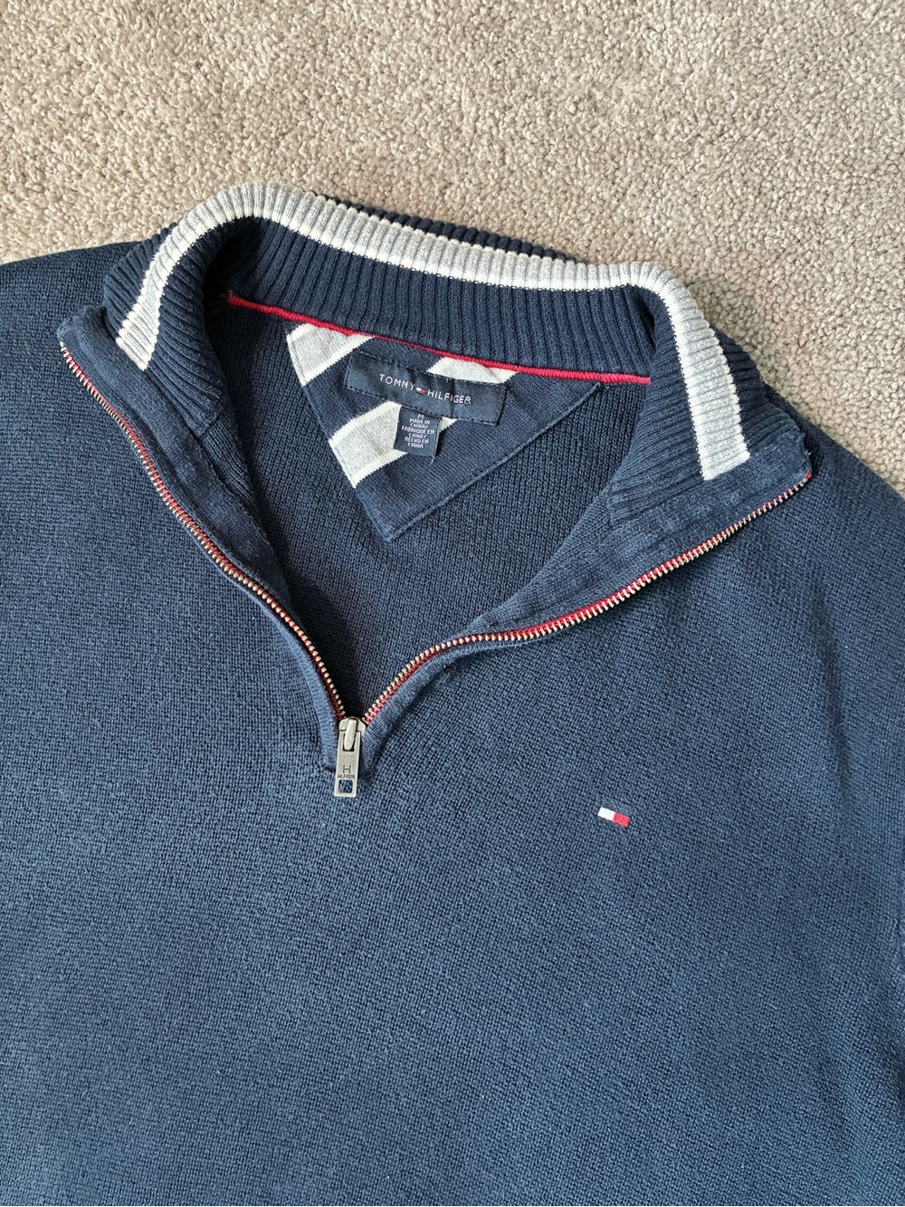 Tommy Hilfiger Navy Blue Quarter-Zip Ribbed Knit Sweater Medium
